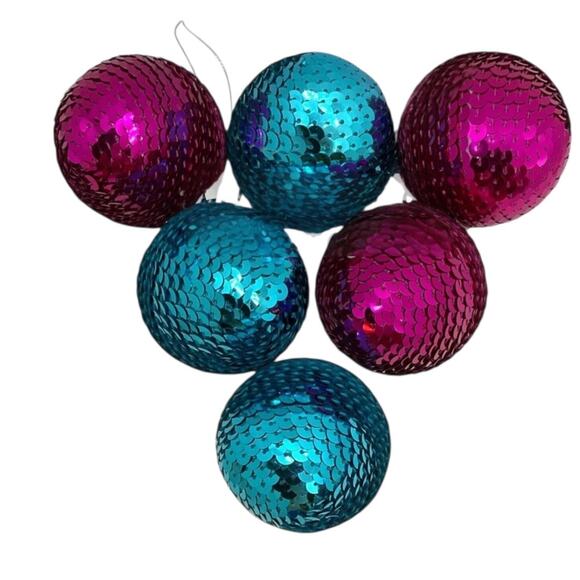 Sequin Ball Christmas Ornaments Set/6 Purple and Turquoise new - Picture 1 of 3